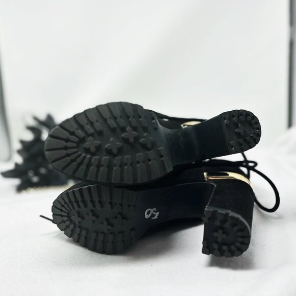 DKNY Black Leather Boots with Gold Accents, Womens Chunky High Heel Ankle Boots - Picture 3 of 12